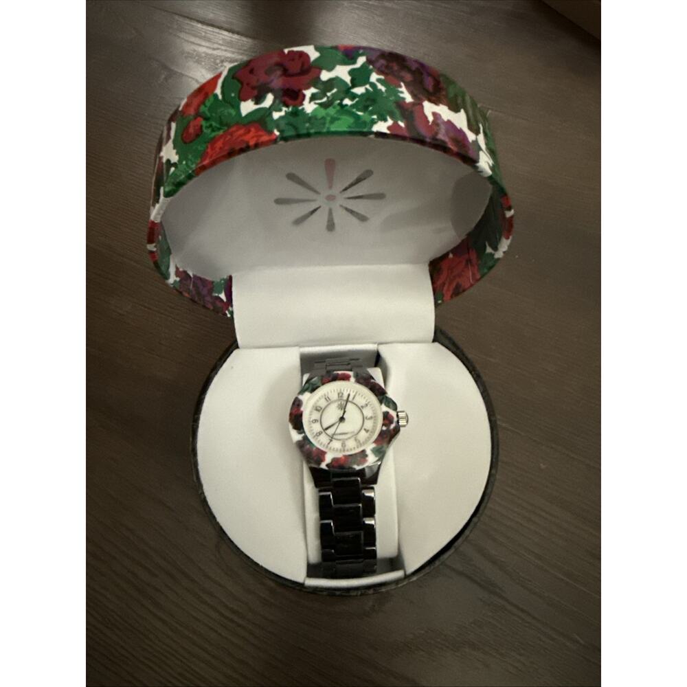Isaac Mizrahi Quartz Watch Women 30m Black Ceramic Flower Bezel Need New Battery - Picture 2 of 7